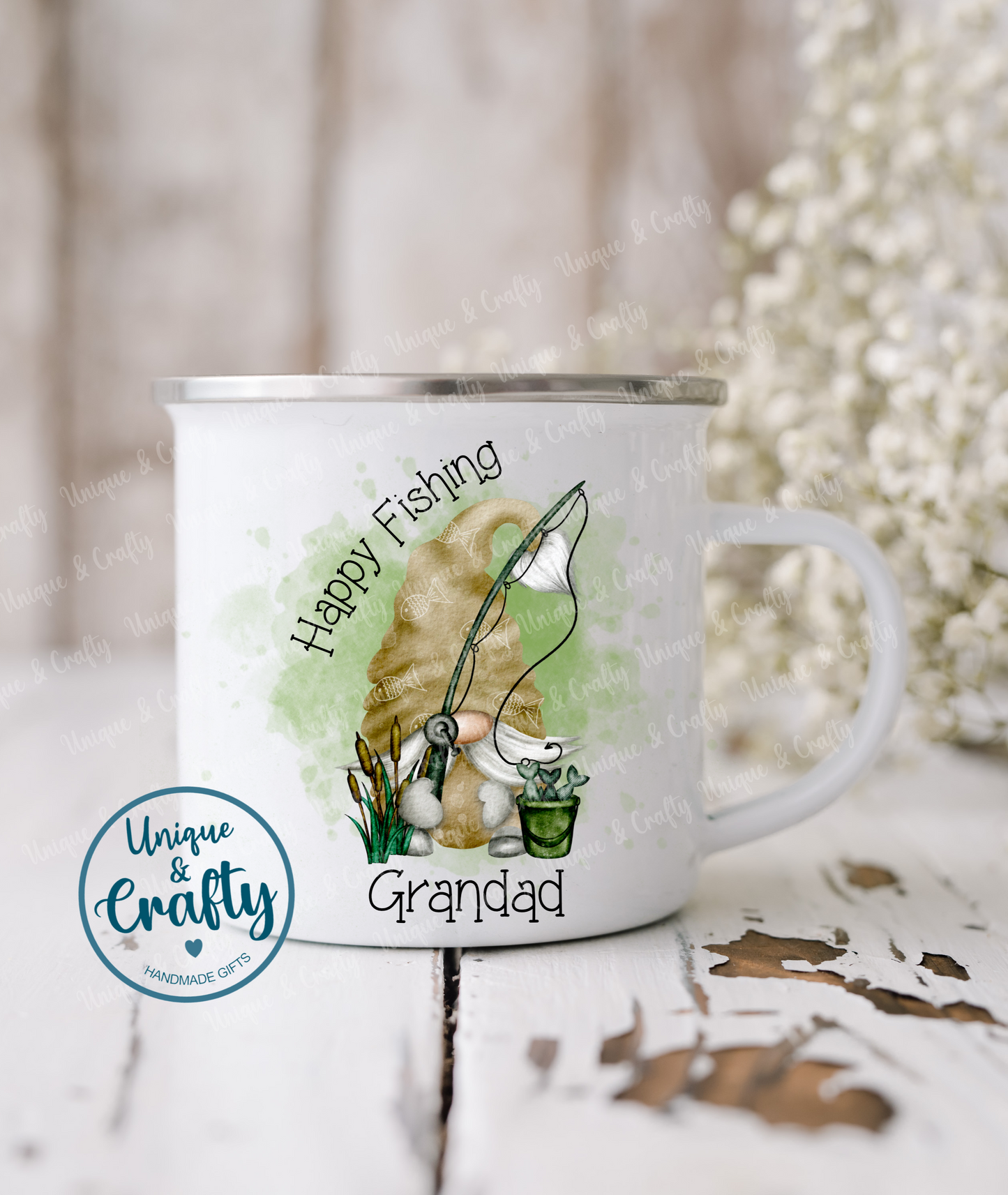 Enamel cup.. Fishing theme. personalised with name