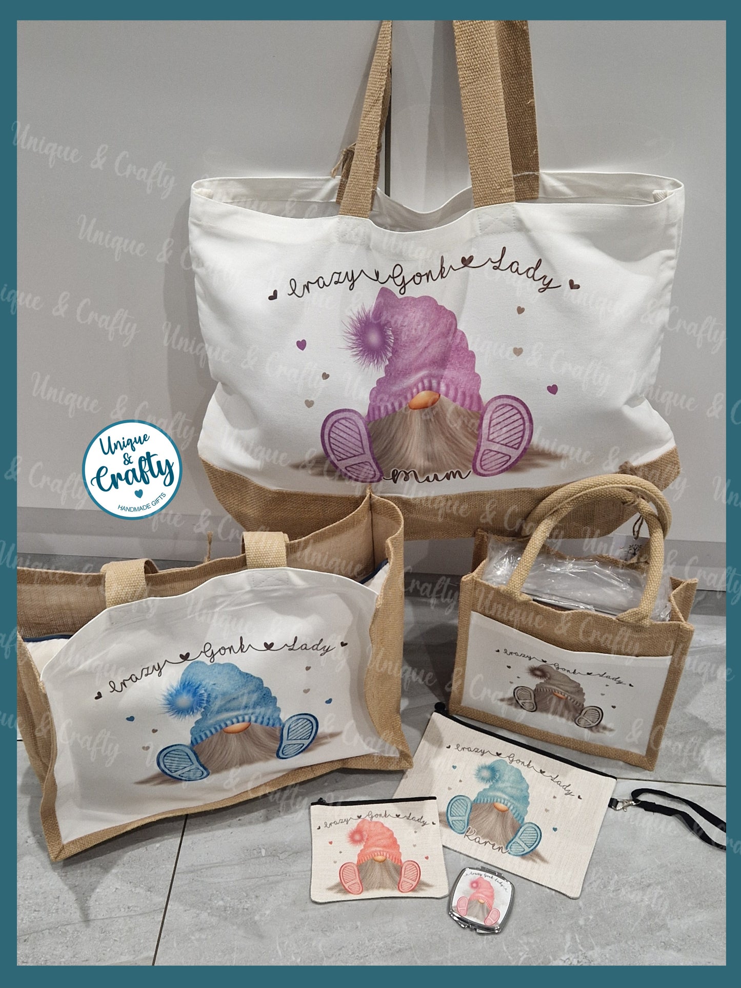 Crazy Gonk Lady... gnome large Jute tote