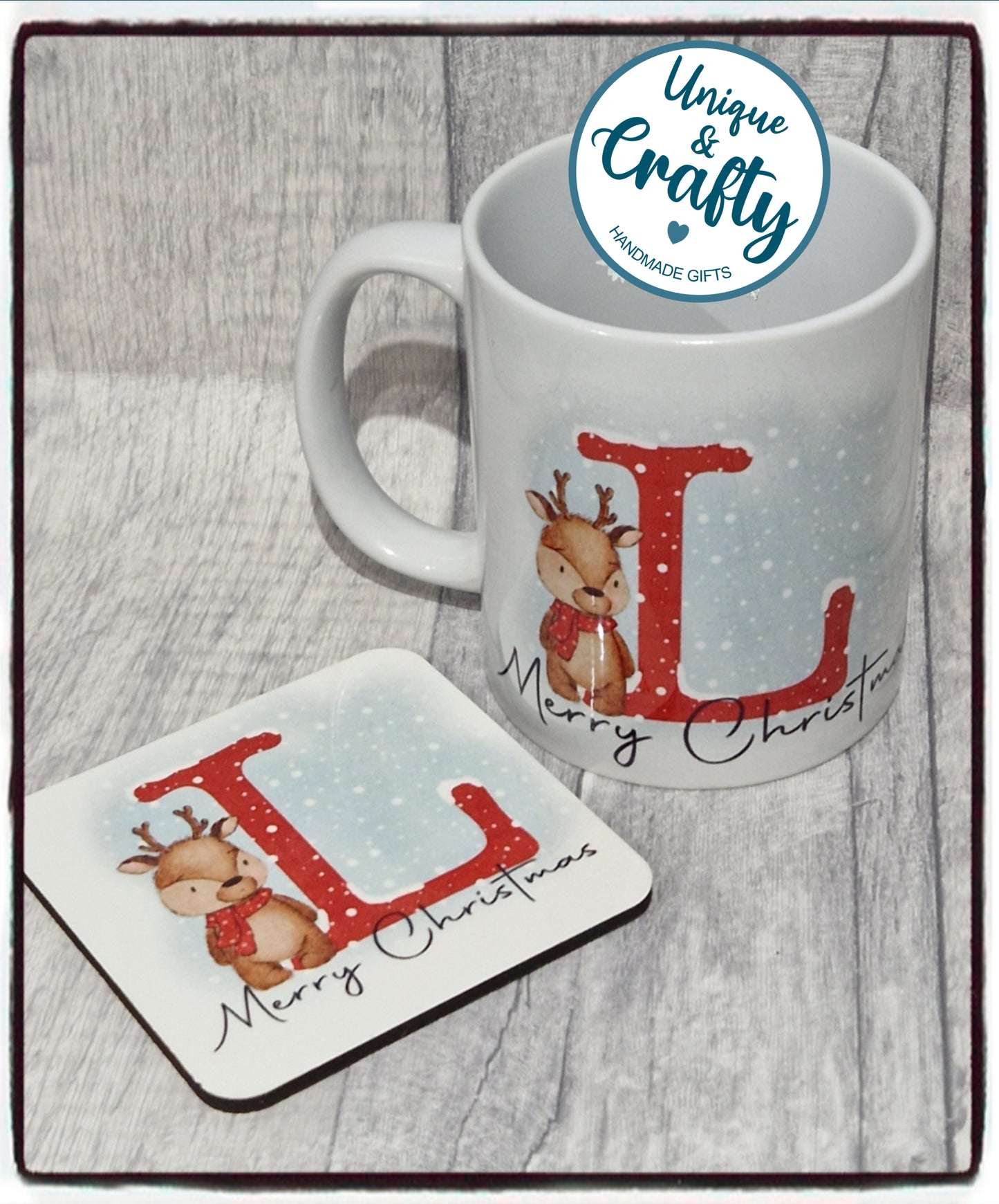 Christmas Reindeer Mug and Coaster.. Personalised with Initial