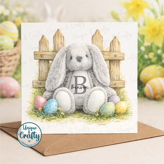 Personalised Bunny Grey Soft Toy Teddy – Custom Name & Initial – Easter Bunny – Baby Shower Gift