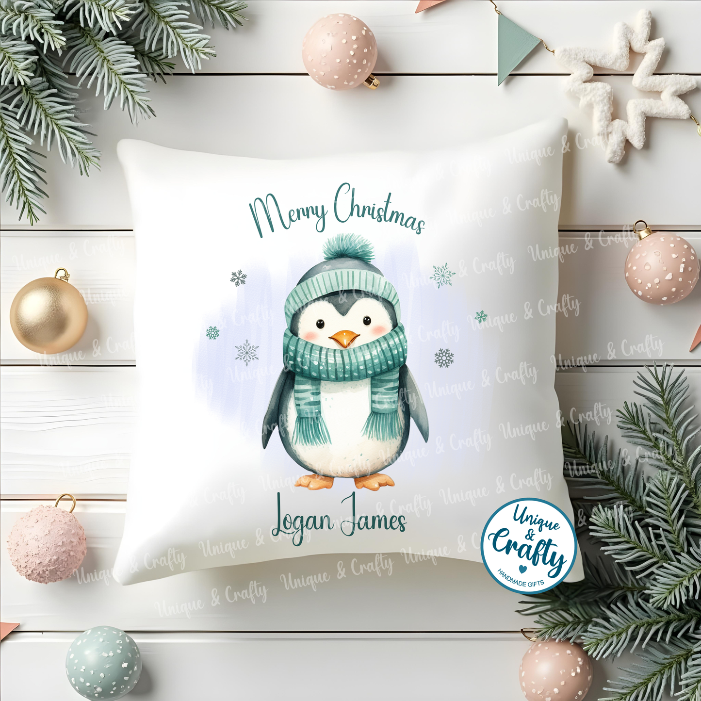 Penguin Christmas Personalised Cushion
