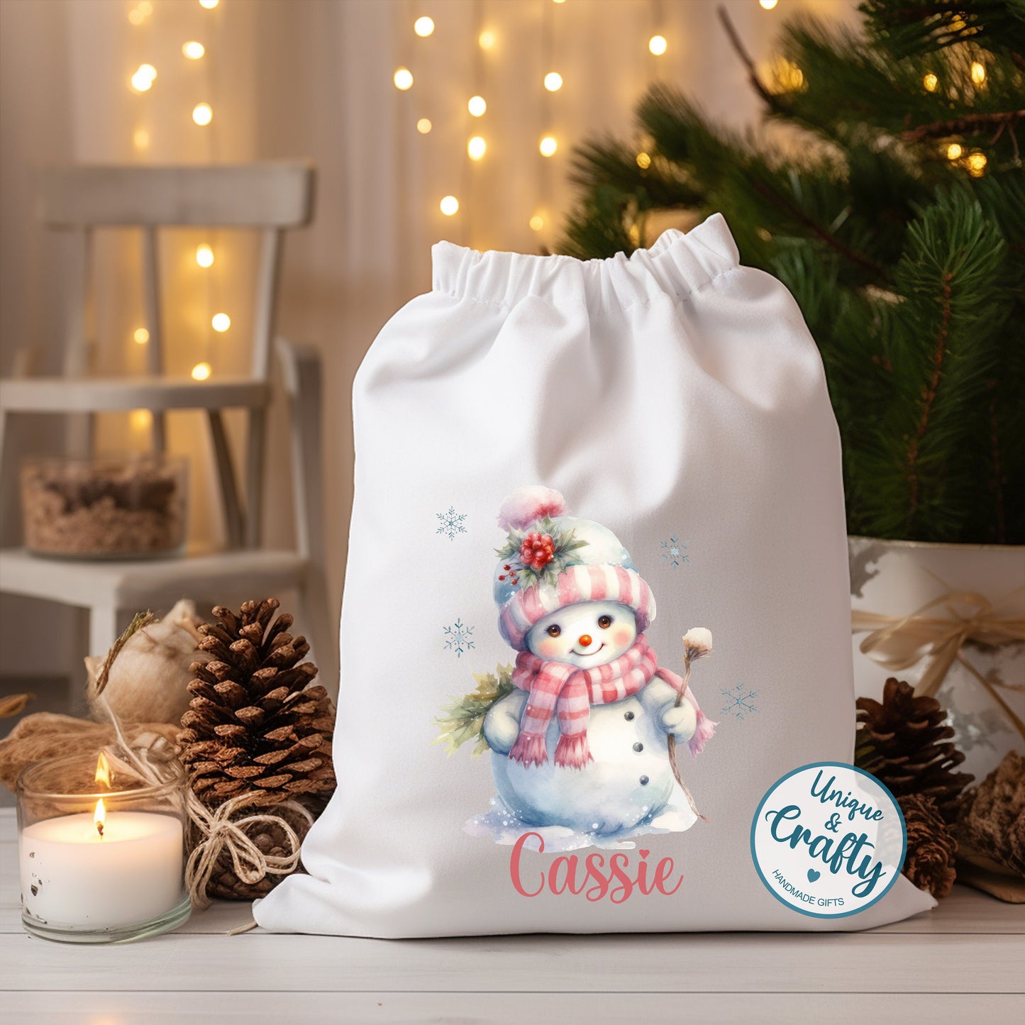 Christmas Snowman Drawstring bag Sack .. Christmas Eve idea, stocking alternative