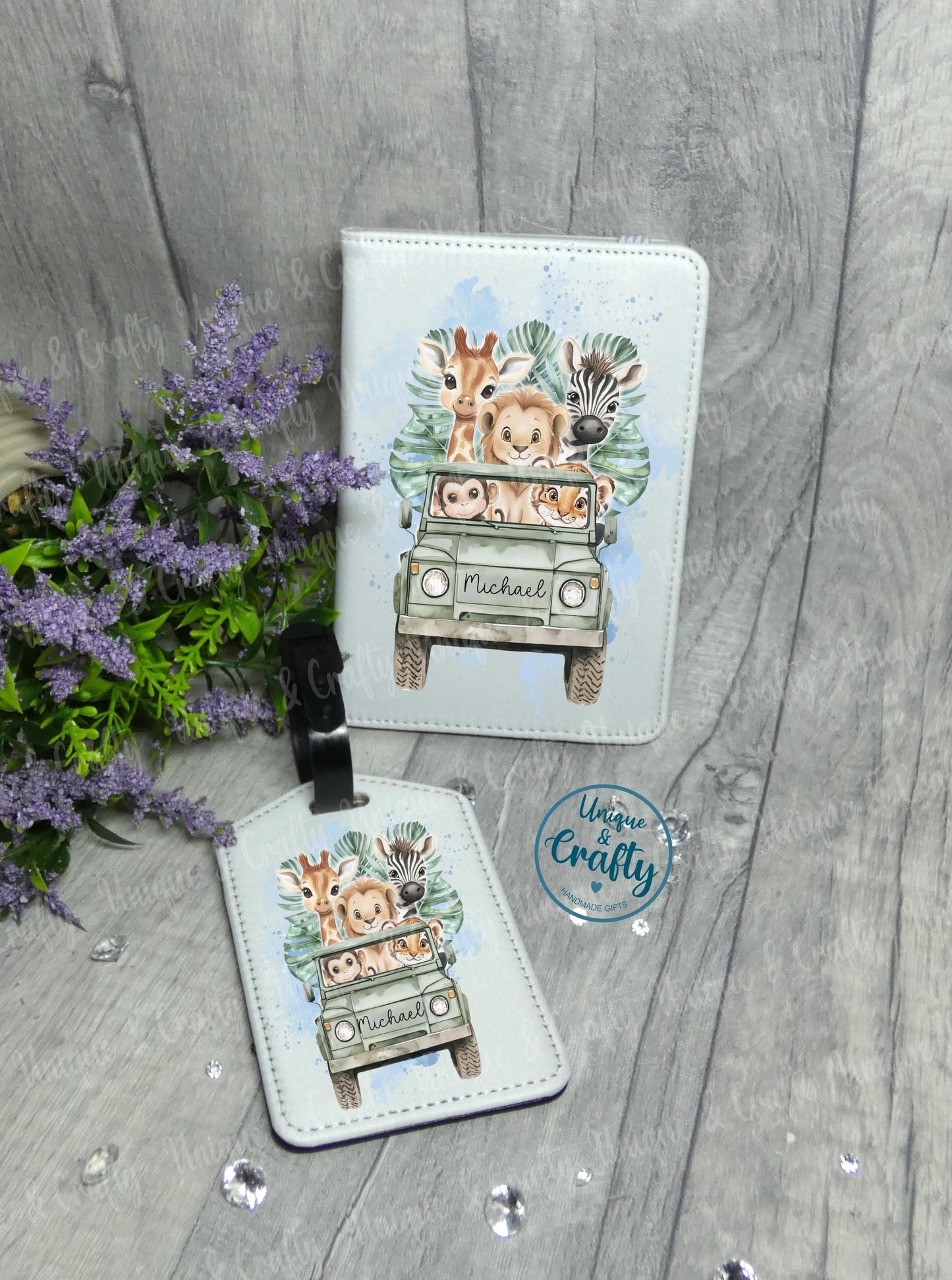 Safari themed Passport Cover and Luggage Tag. First holiday.