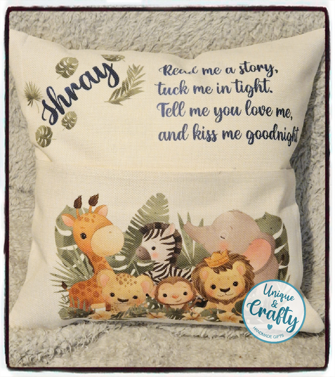 Personalised Jungle animal book cushion.. cushion with pocket.
