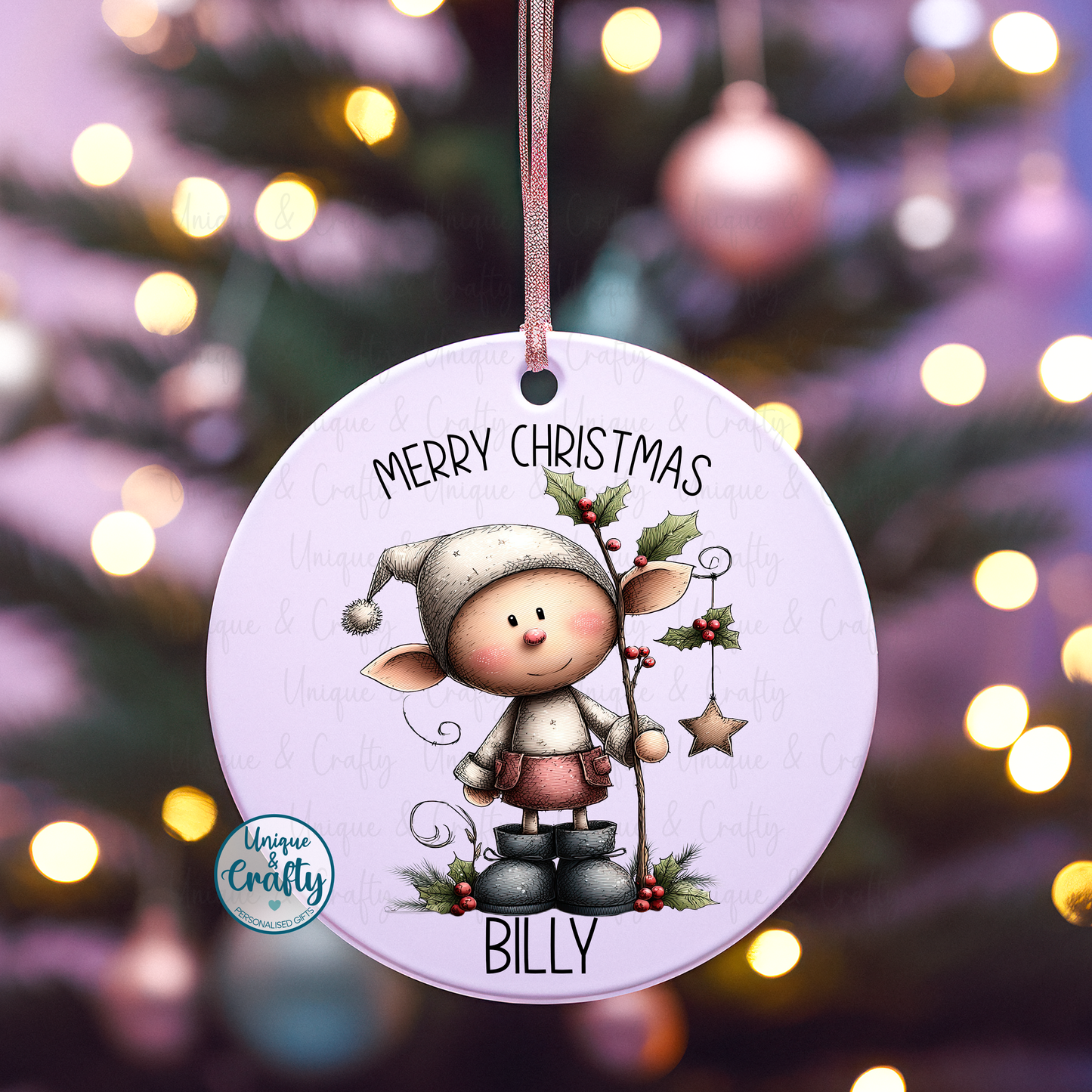 Bauble Elf theme. Personalised Christmas gift.