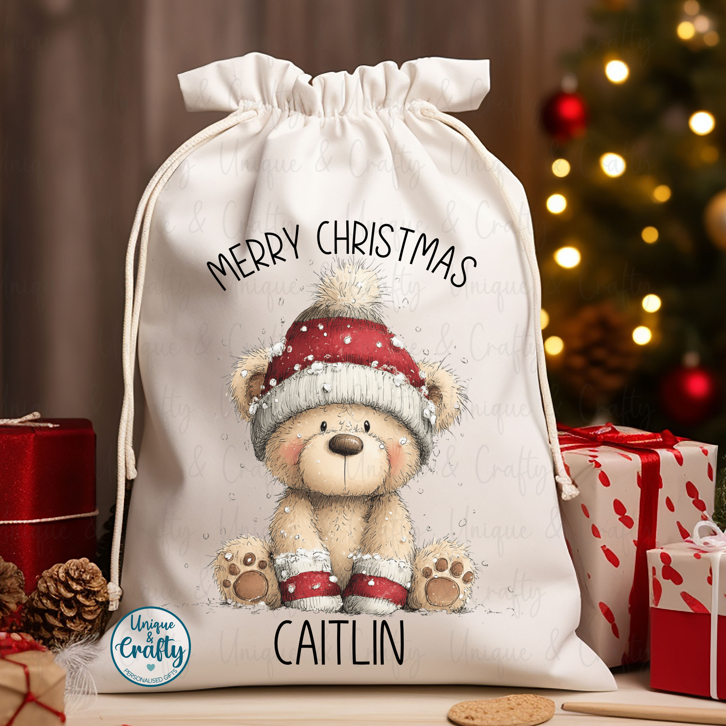 Bear.. Christmas Drawstring bag Sack .. Christmas Eve idea, stocking alternative