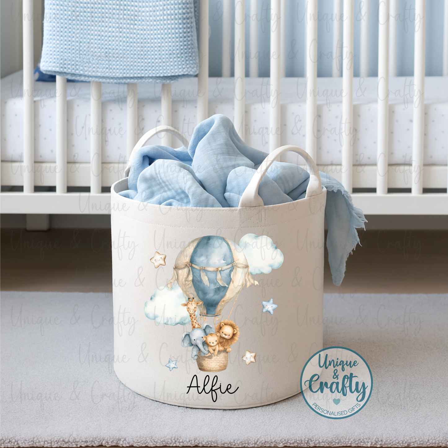 Personalised Basket. Air Balloon New Baby, Nursery