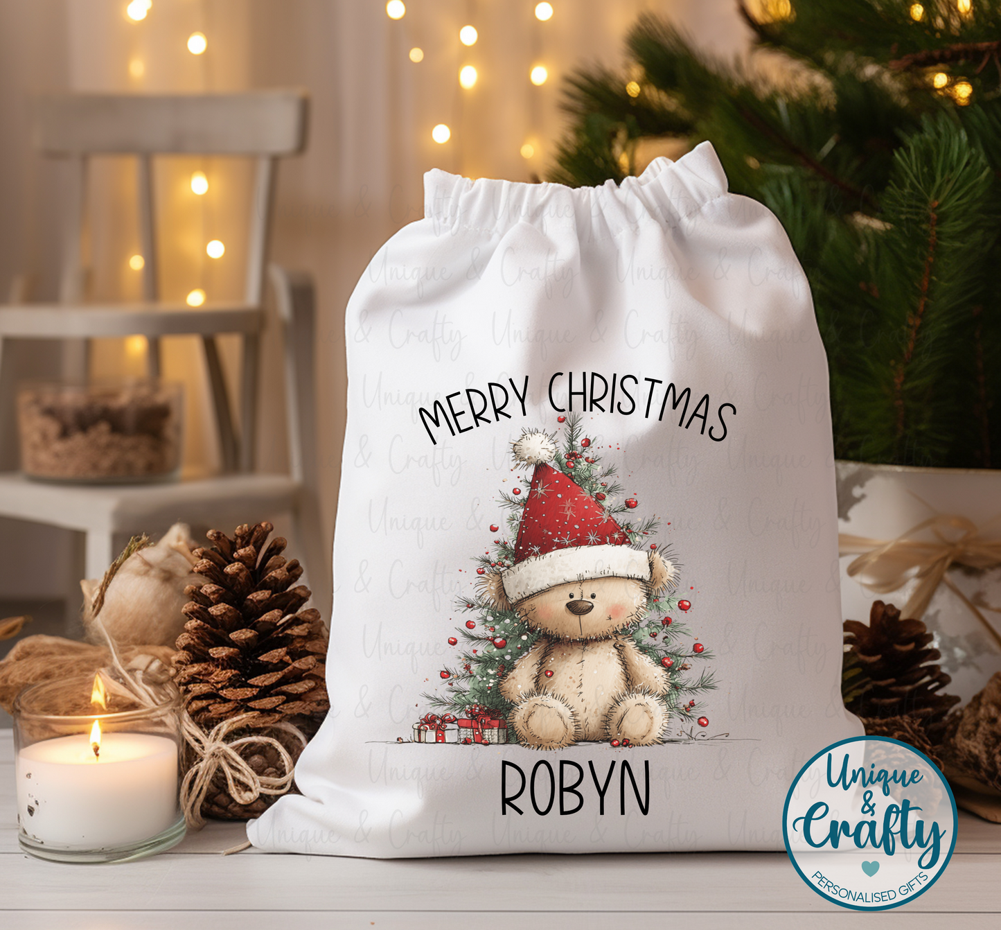 Bear.. Christmas Drawstring bag Sack .. Christmas Eve idea, stocking alternative