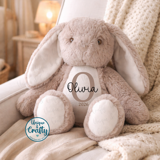 Personalised Bunny Beige Soft Toy Teddy – Custom Name & Initial – Easter Bunny – Baby Shower Gift