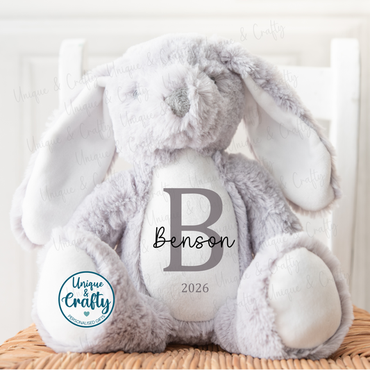 Personalised Bunny Grey Soft Toy Teddy – Custom Name & Initial – Easter Bunny – Baby Shower Gift