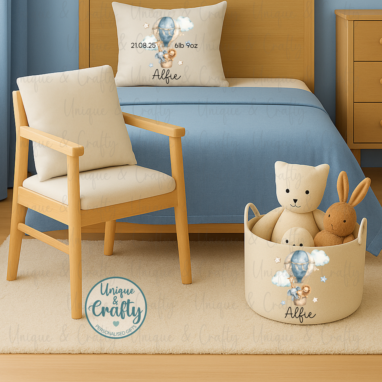 Personalised Basket. Air Balloon New Baby, Nursery