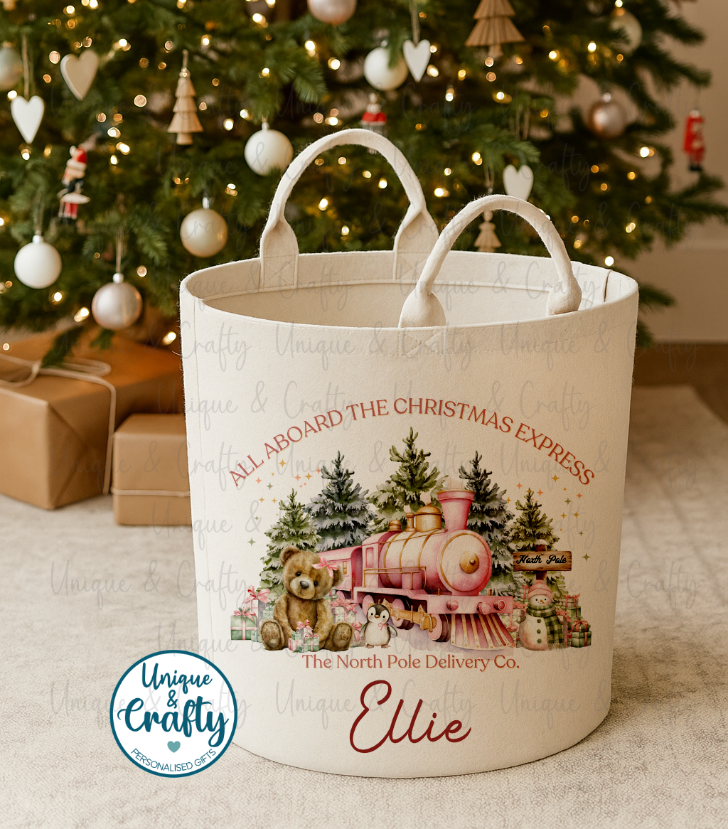 Christmas Train Personalised Basket. New Baby, Nursery