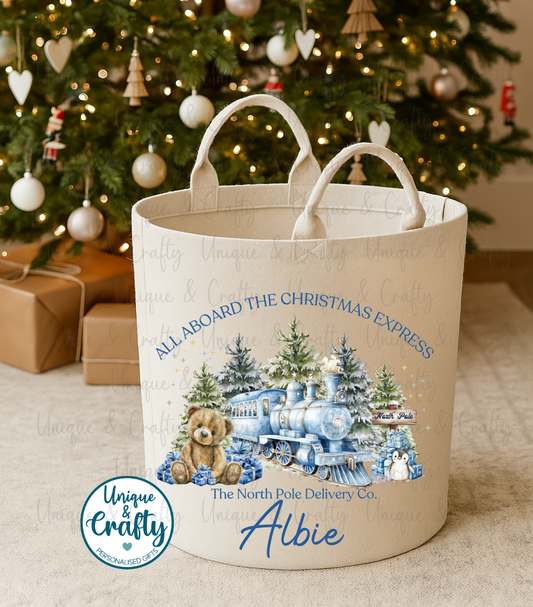 Christmas Train Personalised Basket. New Baby, Nursery