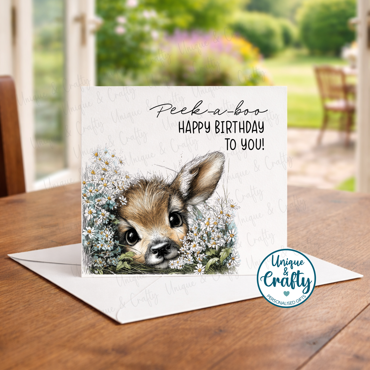 Birthday Card. Peek-a-boo animals. 6x6inch. Happy Birthday