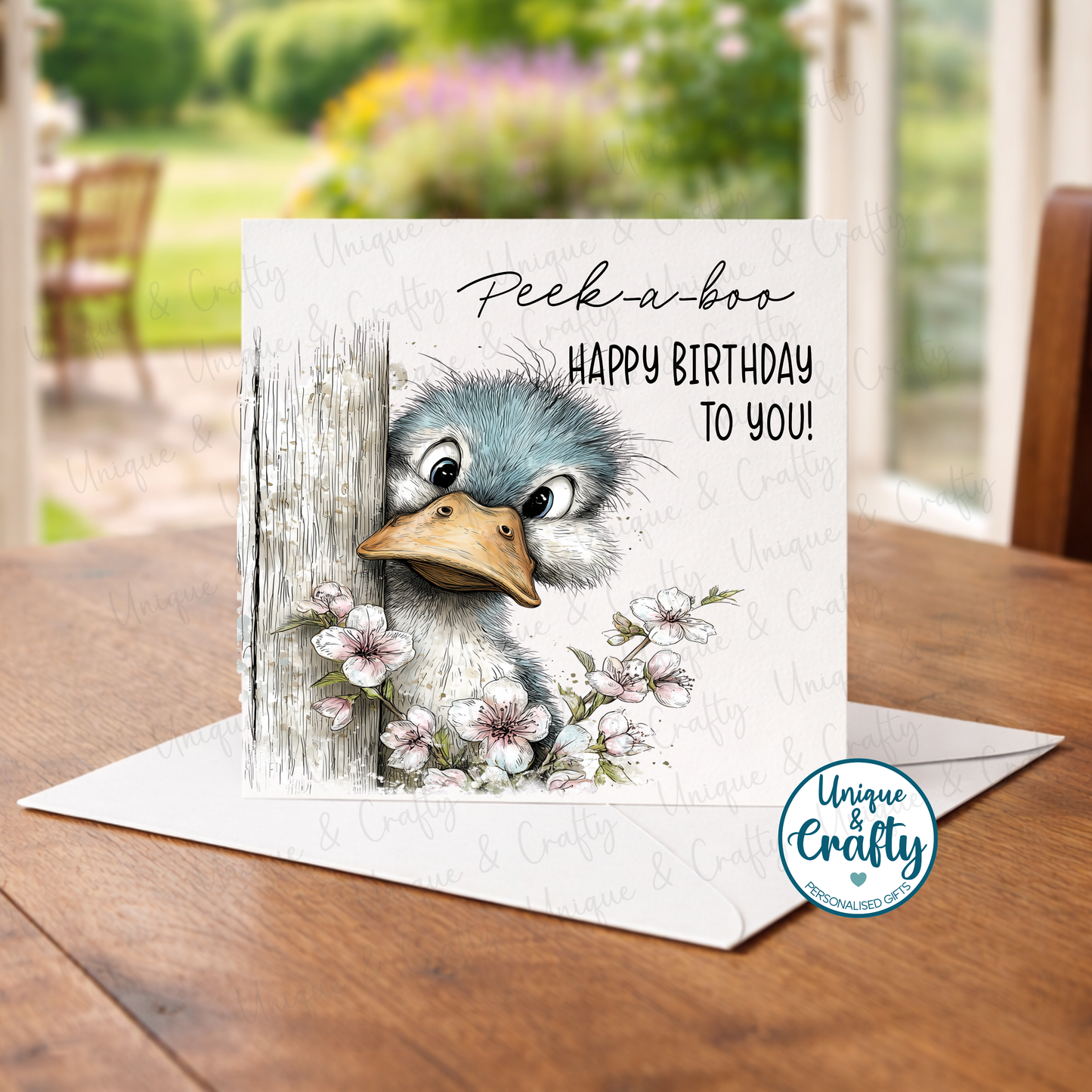 Birthday Card. Peek-a-boo animals. 6x6inch. Happy Birthday