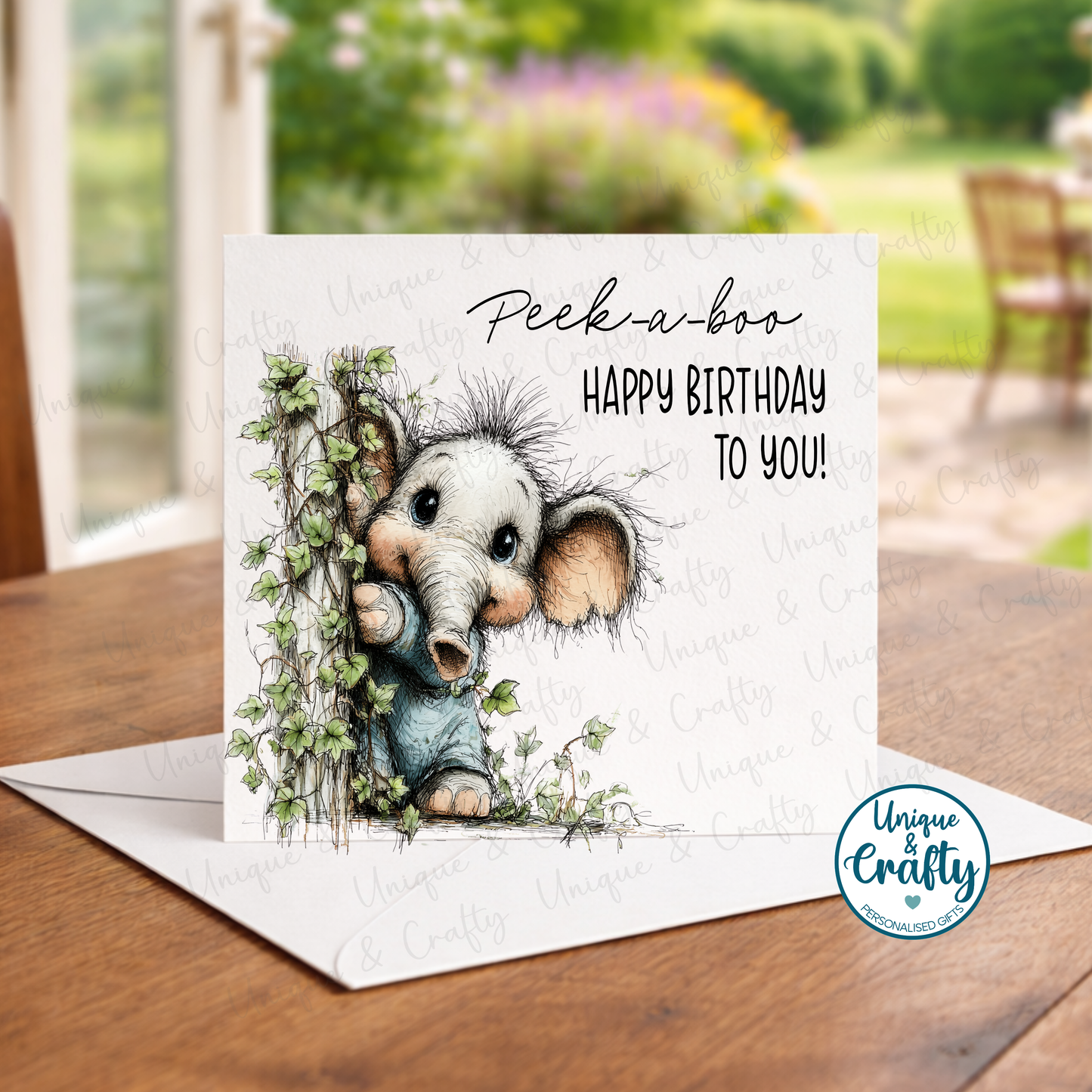 Birthday Card. Peek-a-boo animals. 6x6inch. Happy Birthday
