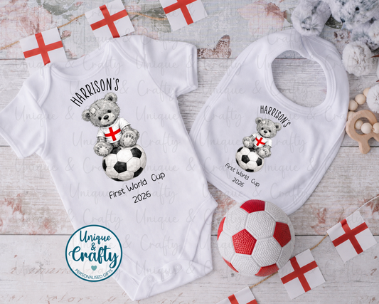 First World Cup Bib, England Vest or Sleepsuit.. New Baby. Giftset