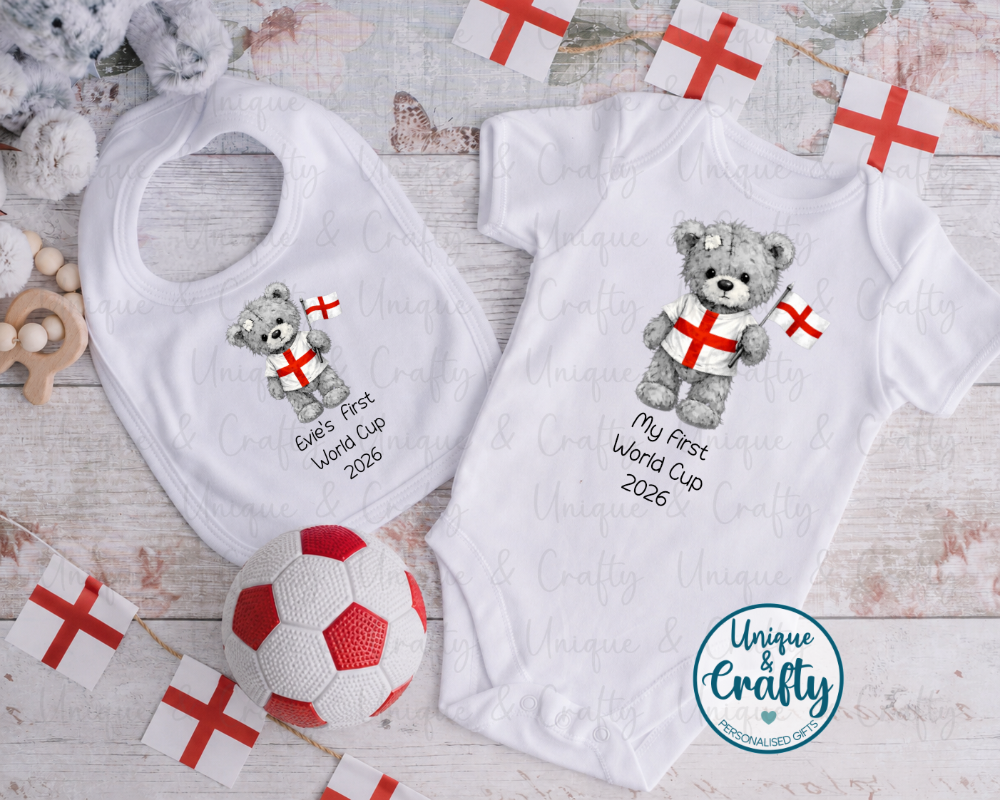 First World Cup Bib, Vest or Sleepsuit.. New Baby. Giftset