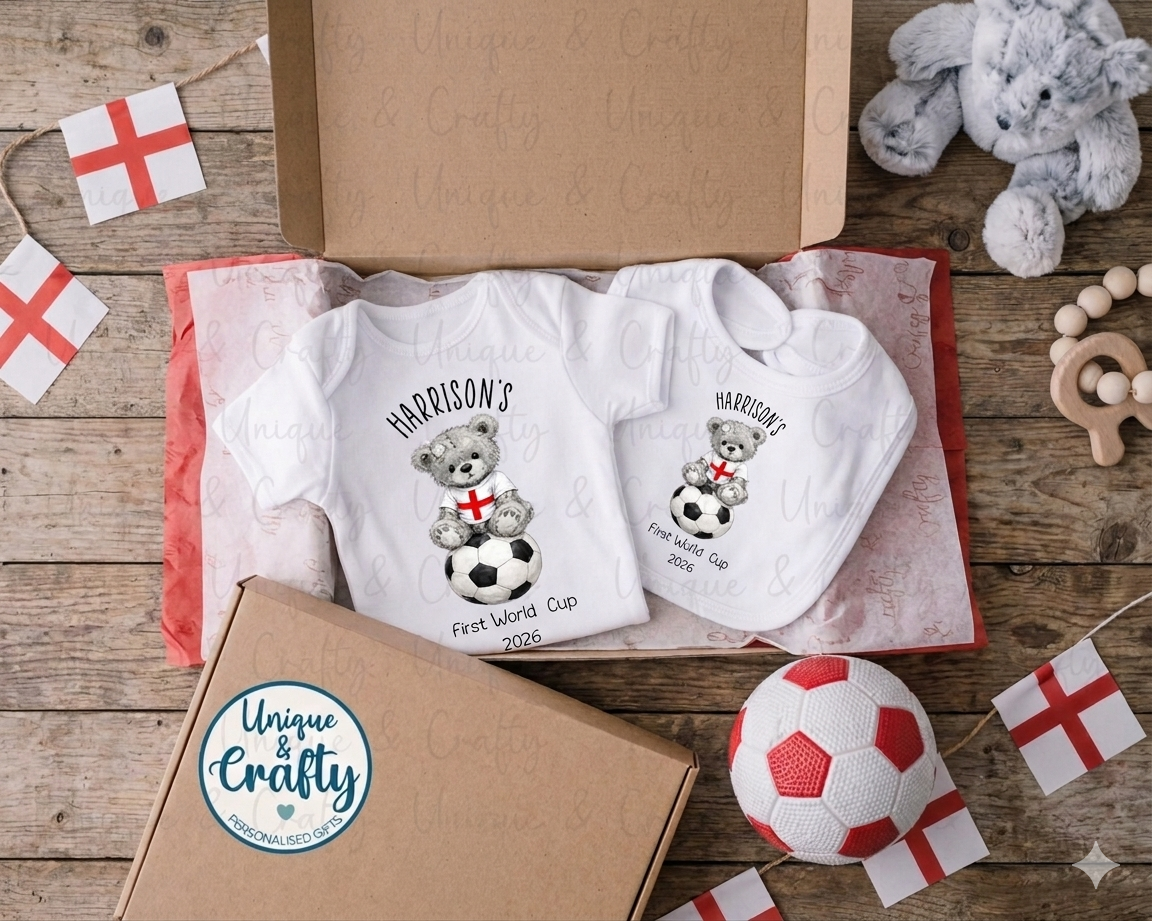 First World Cup Bib, Vest or Sleepsuit.. New Baby. Giftset