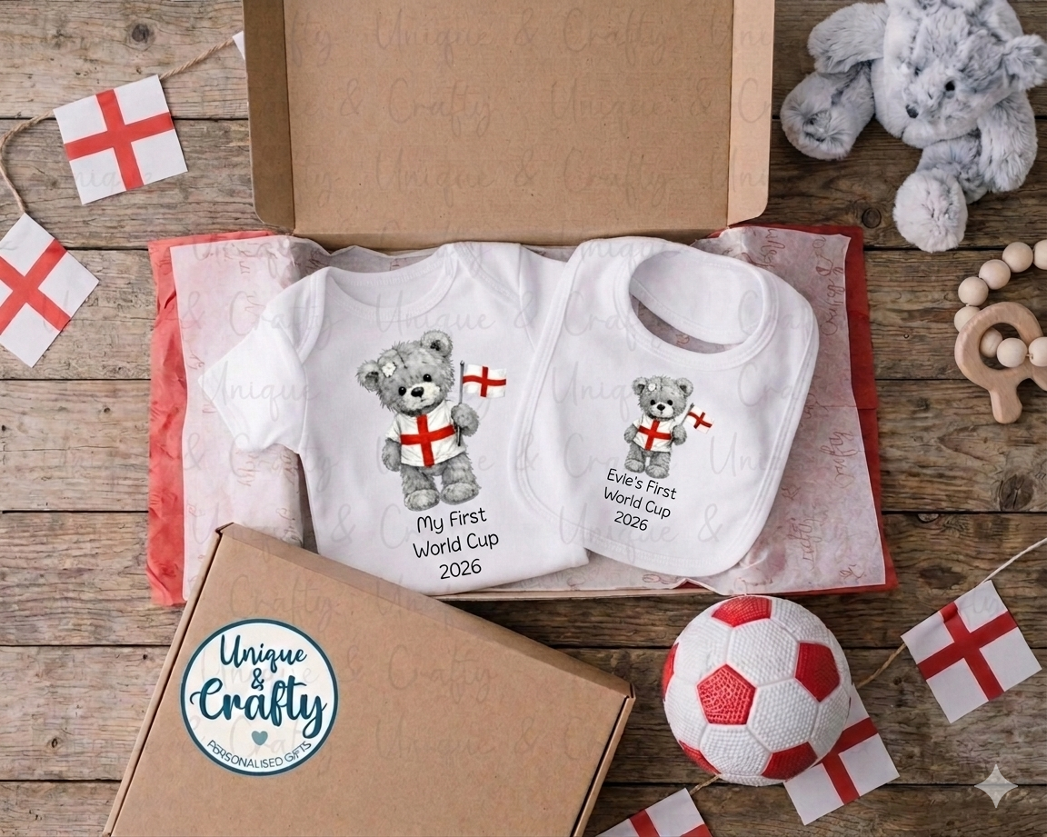 First World Cup Bib, Vest or Sleepsuit.. New Baby. Giftset