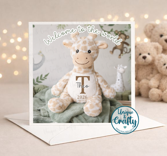 Personalised Giraffe card, matching gifts available.  6x6in card