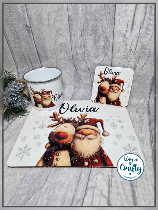 Christmas Dinner Set Santa & Reindeer, Cup, Coaster, Placemat.
