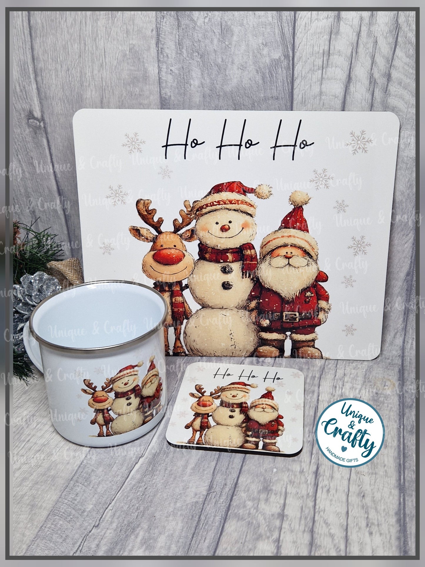 Christmas Dinner Set. Trio Set, Snowman, Santa, Reindeer, Cup, Coaster, Placemat.