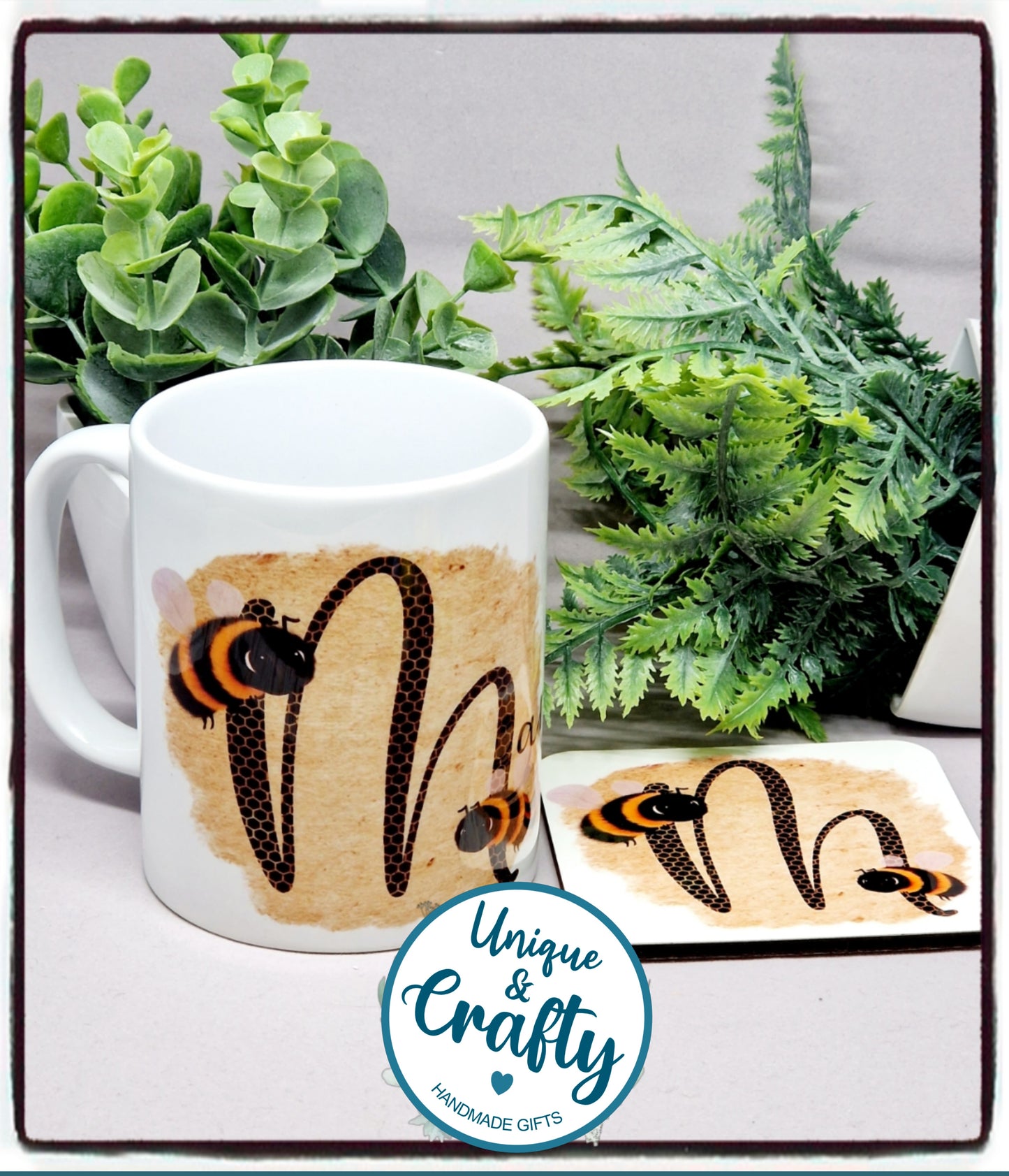 Bee Mug and Coaster.. Personalised with Initial and Name