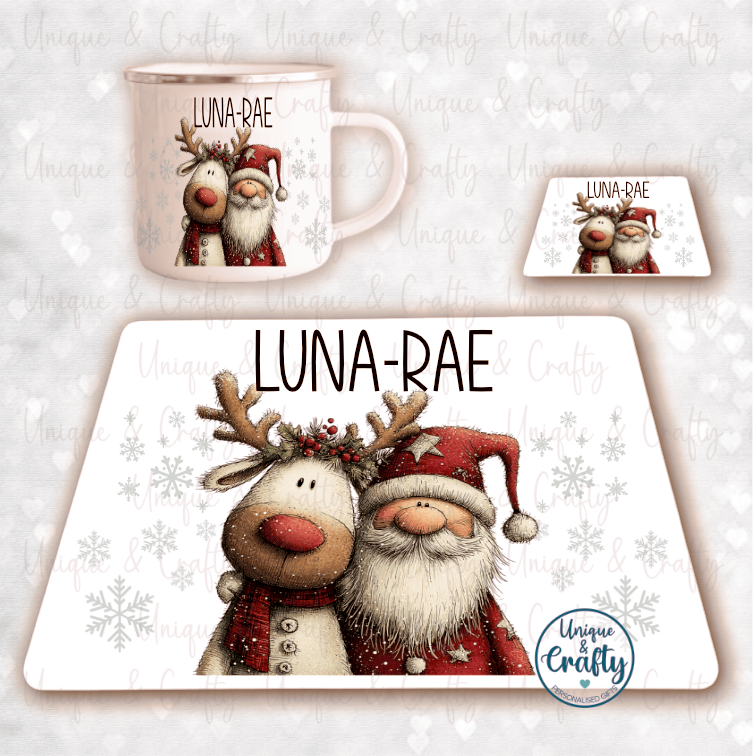 Christmas Dinner Set Santa & Reindeer, Cup, Coaster, Placemat.