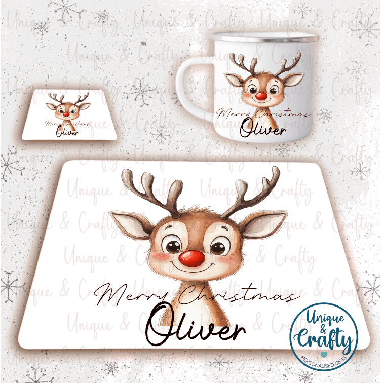 Christmas Dinner Set  Reindeer, Cup, Coaster, Placemat.