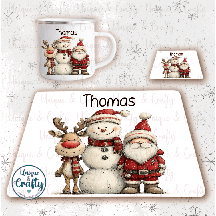 Christmas Dinner Set. Trio Set, Snowman, Santa, Reindeer, Cup, Coaster, Placemat.