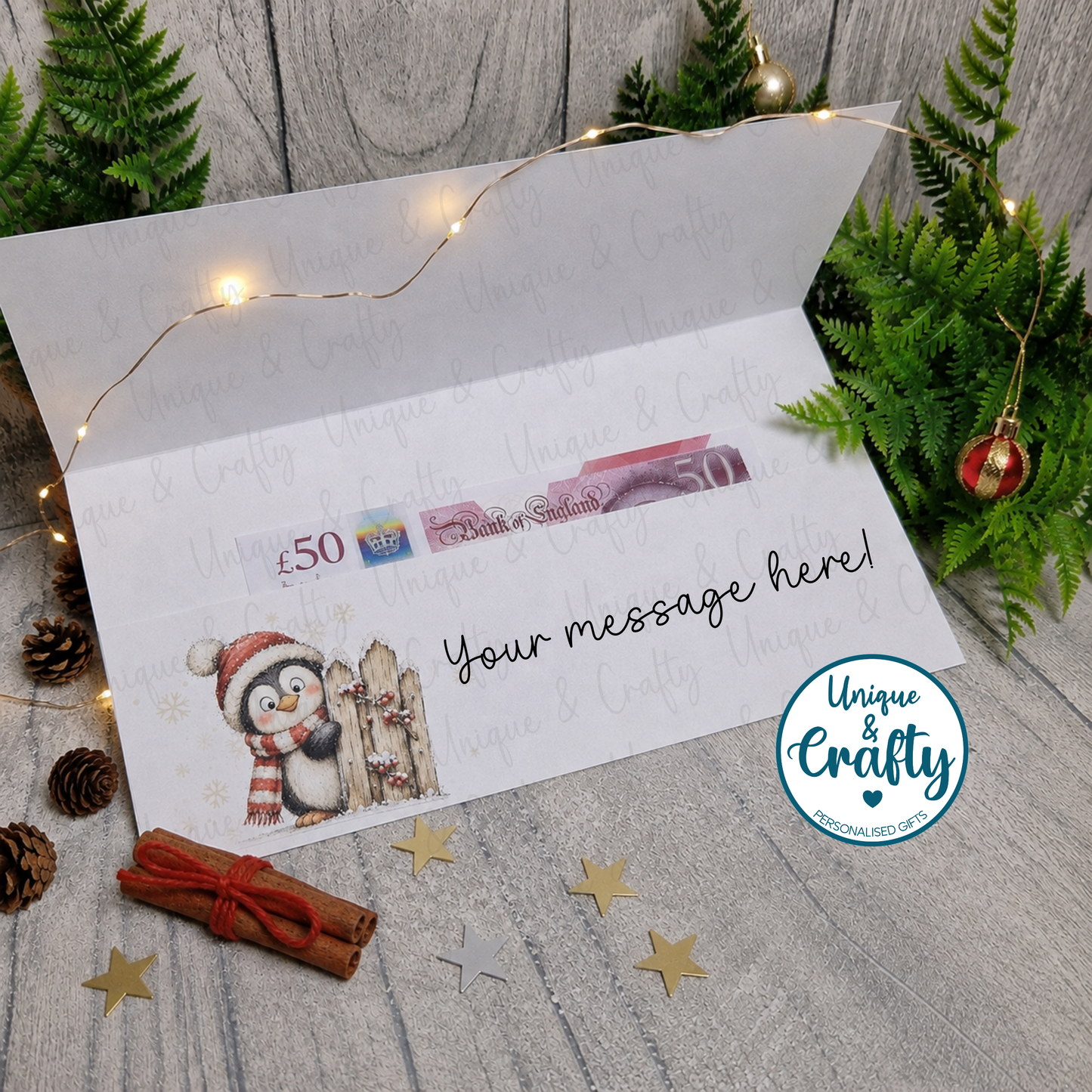 Personalised Christmas Money Holder Card, Peeping Penguin