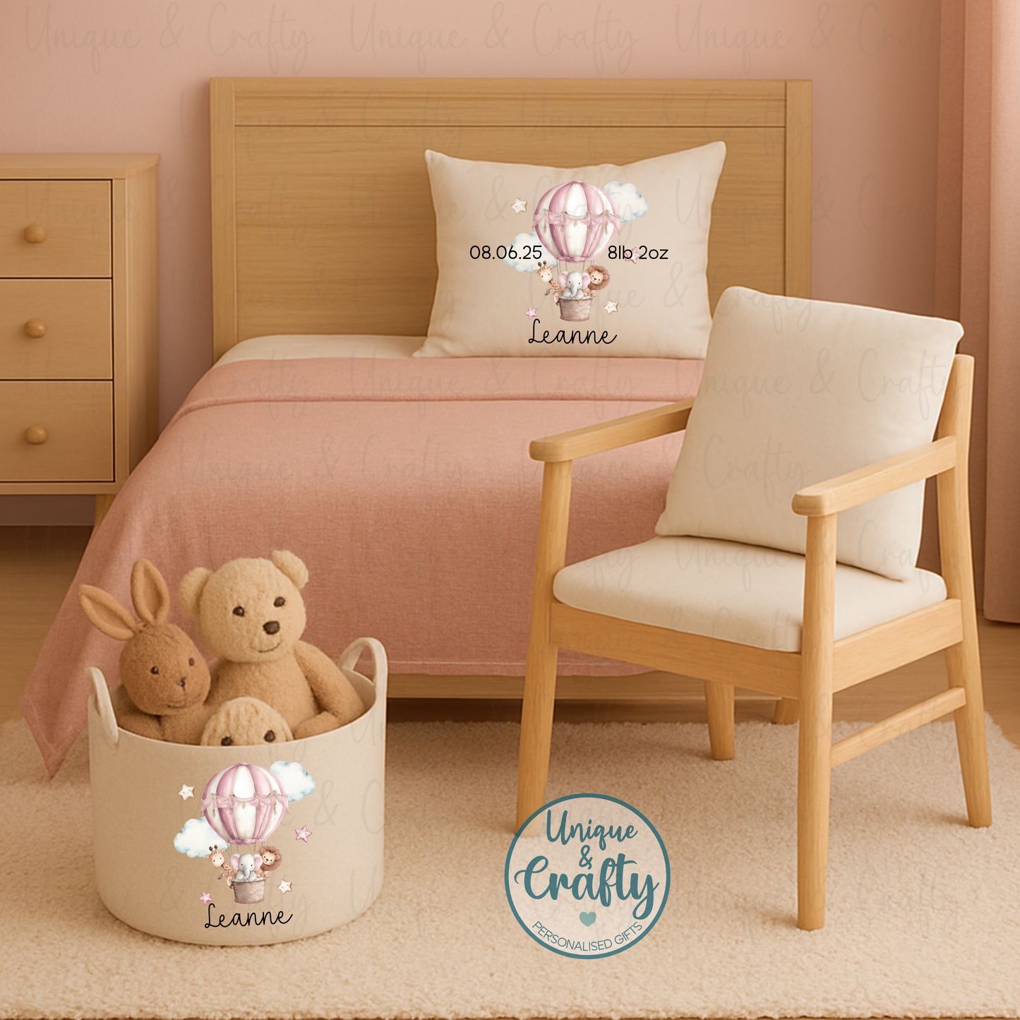 Personalised Basket. Air Balloon New Baby, Nursery