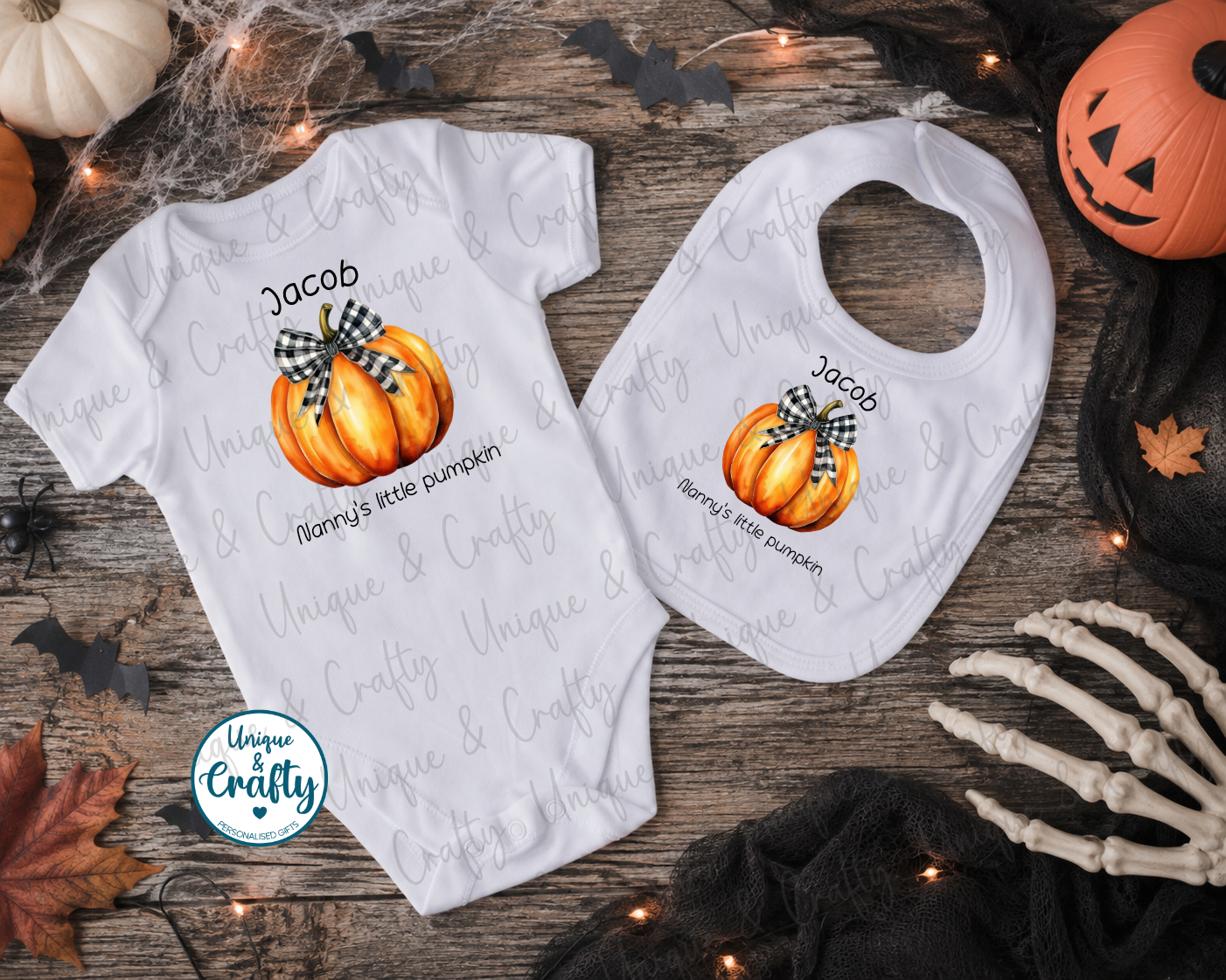 Personalised Pumpkin Halloween Baby Bib, Vest & Sleepsuit