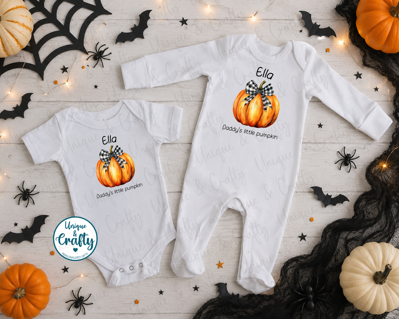 Personalised Pumpkin Halloween Baby Bib, Vest & Sleepsuit