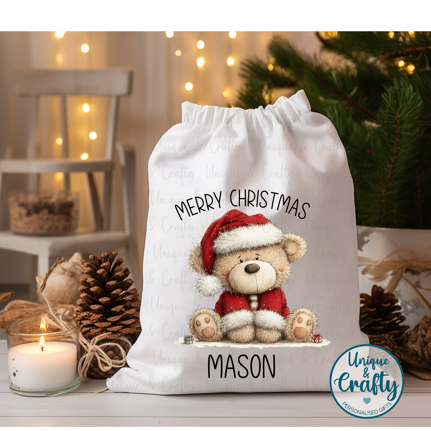 Bear.. Christmas Drawstring bag Sack .. Christmas Eve idea, stocking alternative