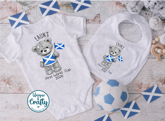 First World Cup Bib, Scotland Ireland Wales Vest or Sleepsuit.. New Baby. Giftset