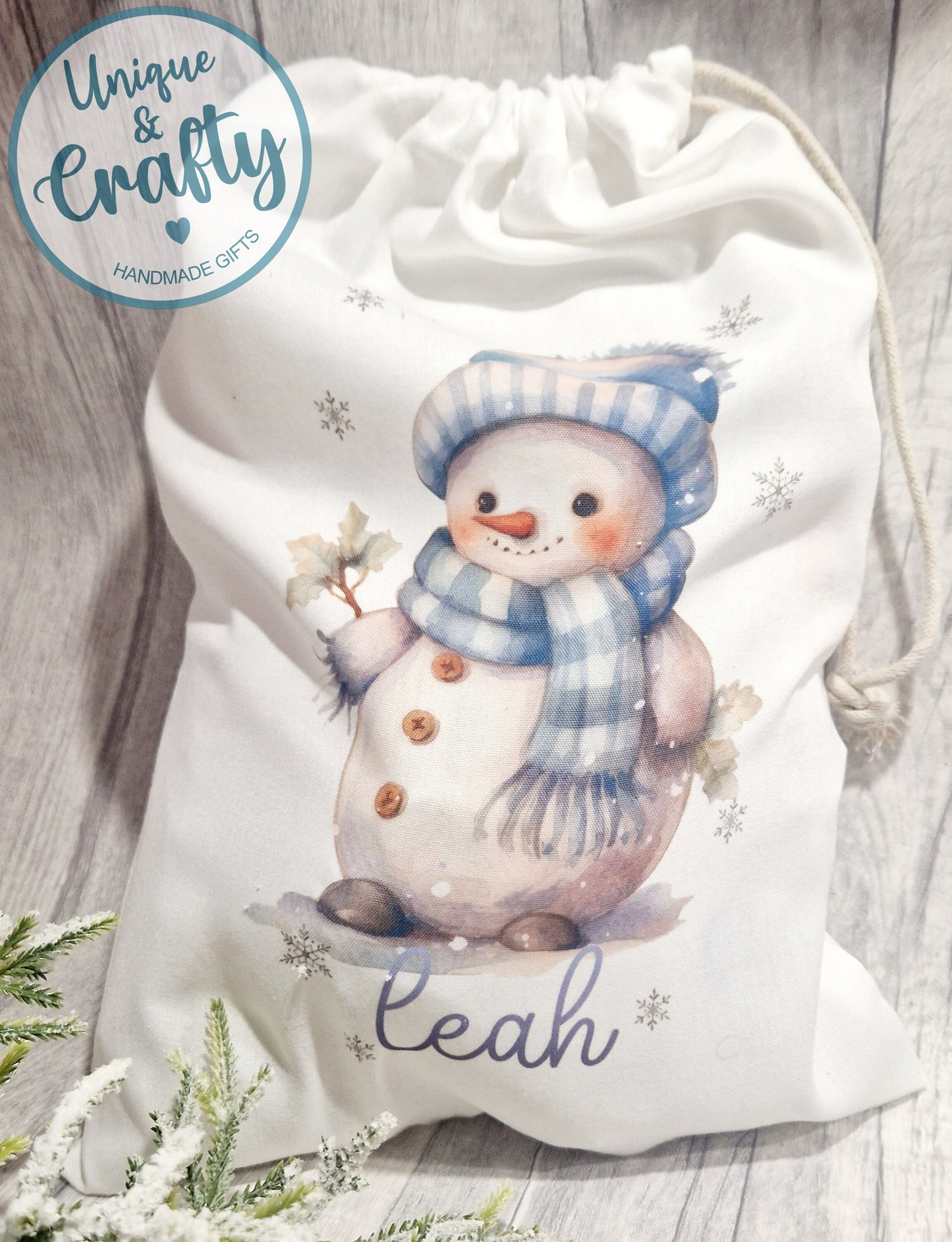Christmas Snowman Drawstring bag Sack .. Christmas Eve idea, stocking alternative