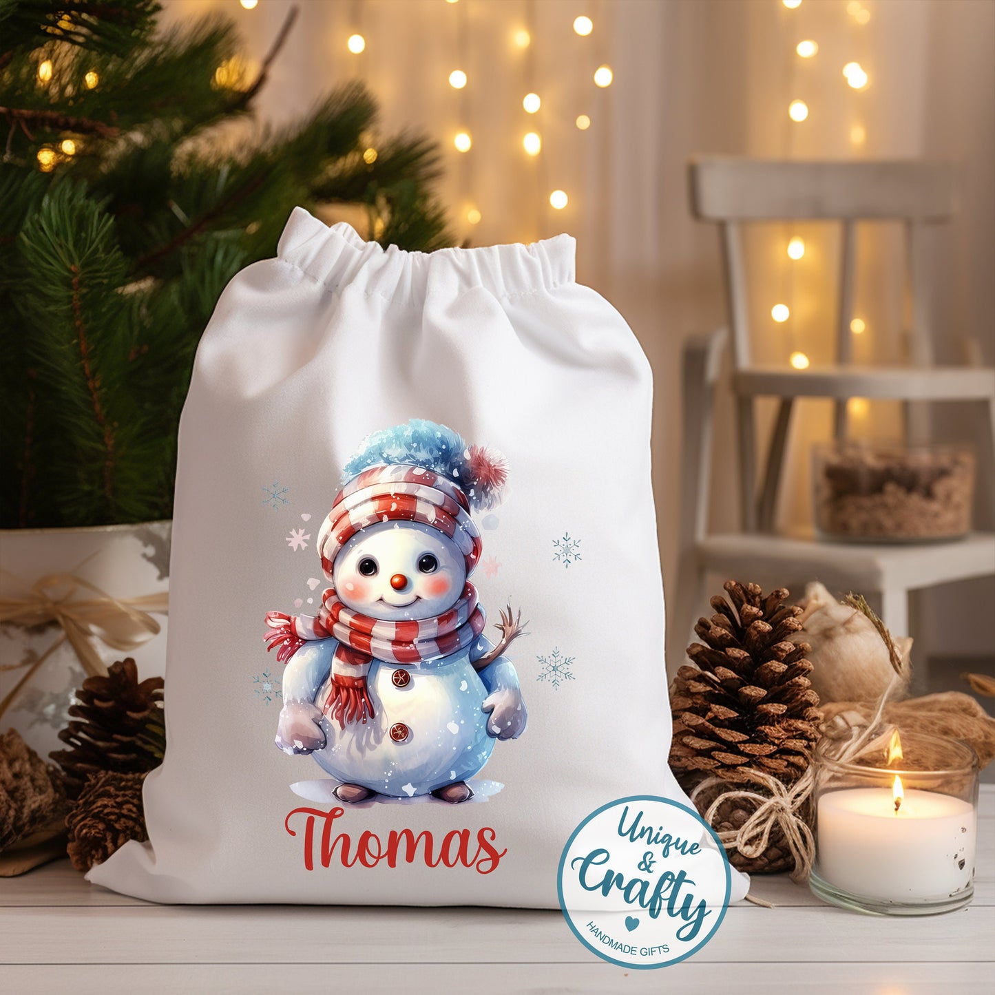 Christmas Snowman Drawstring bag Sack .. Christmas Eve idea, stocking alternative