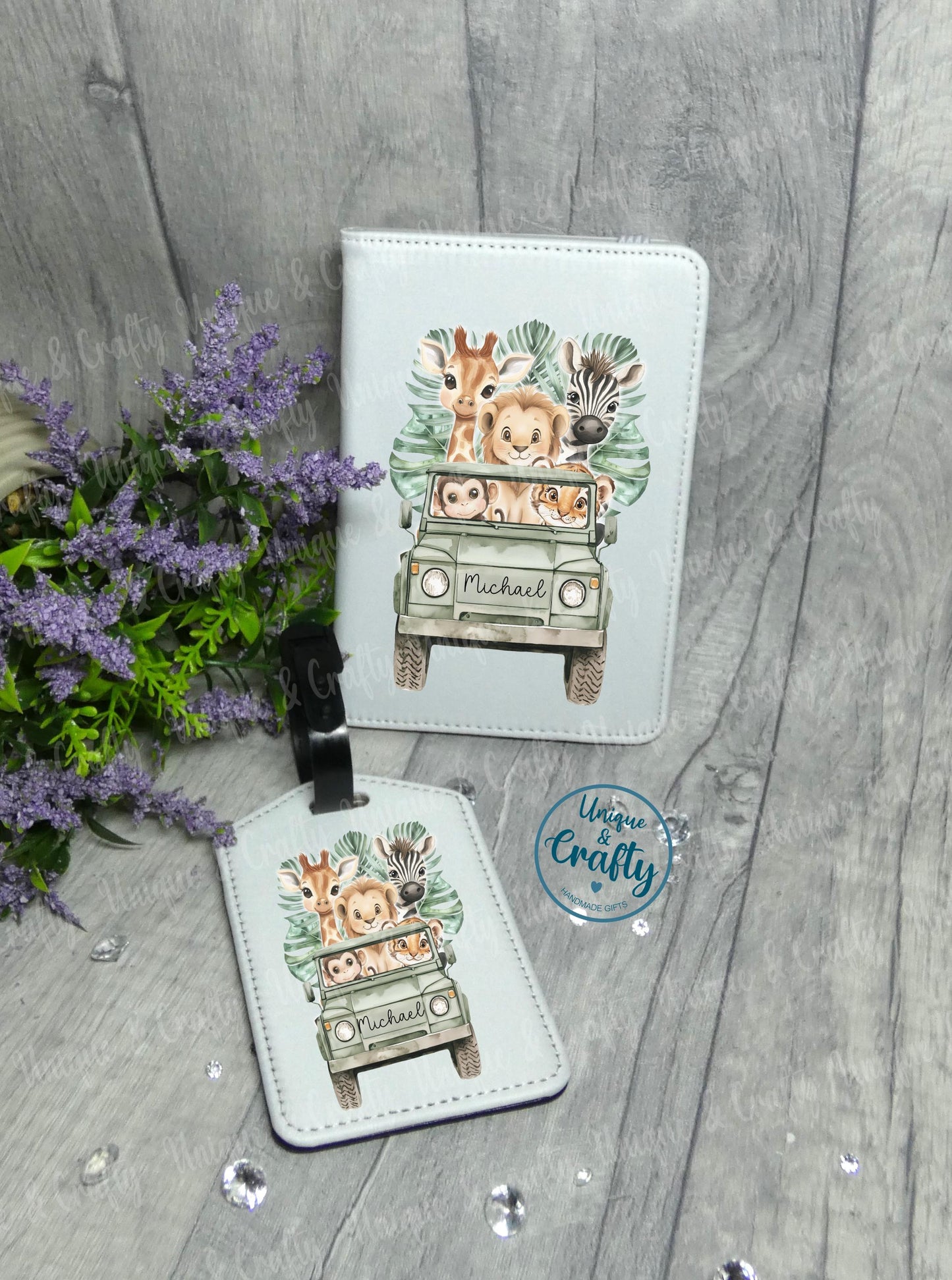 Safari themed Passport Cover and Luggage Tag. First holiday.