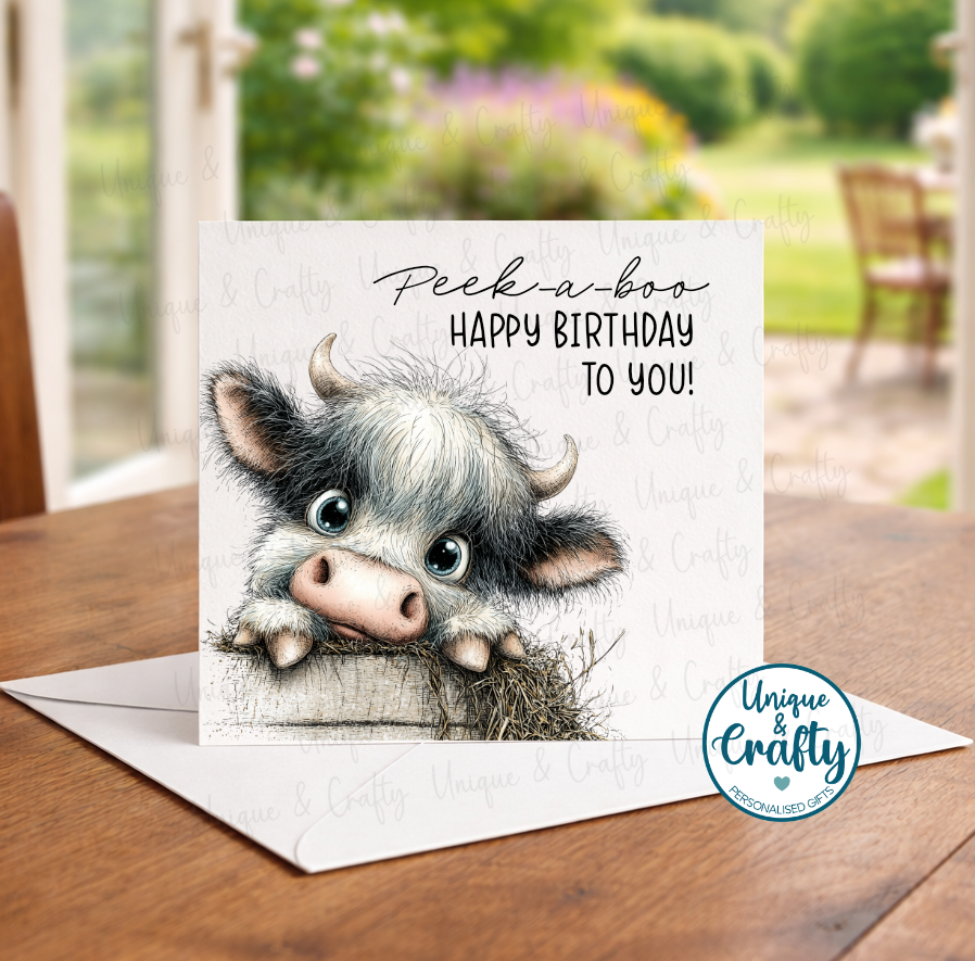 Birthday Card. Peek-a-boo animals. 6x6inch. Happy Birthday