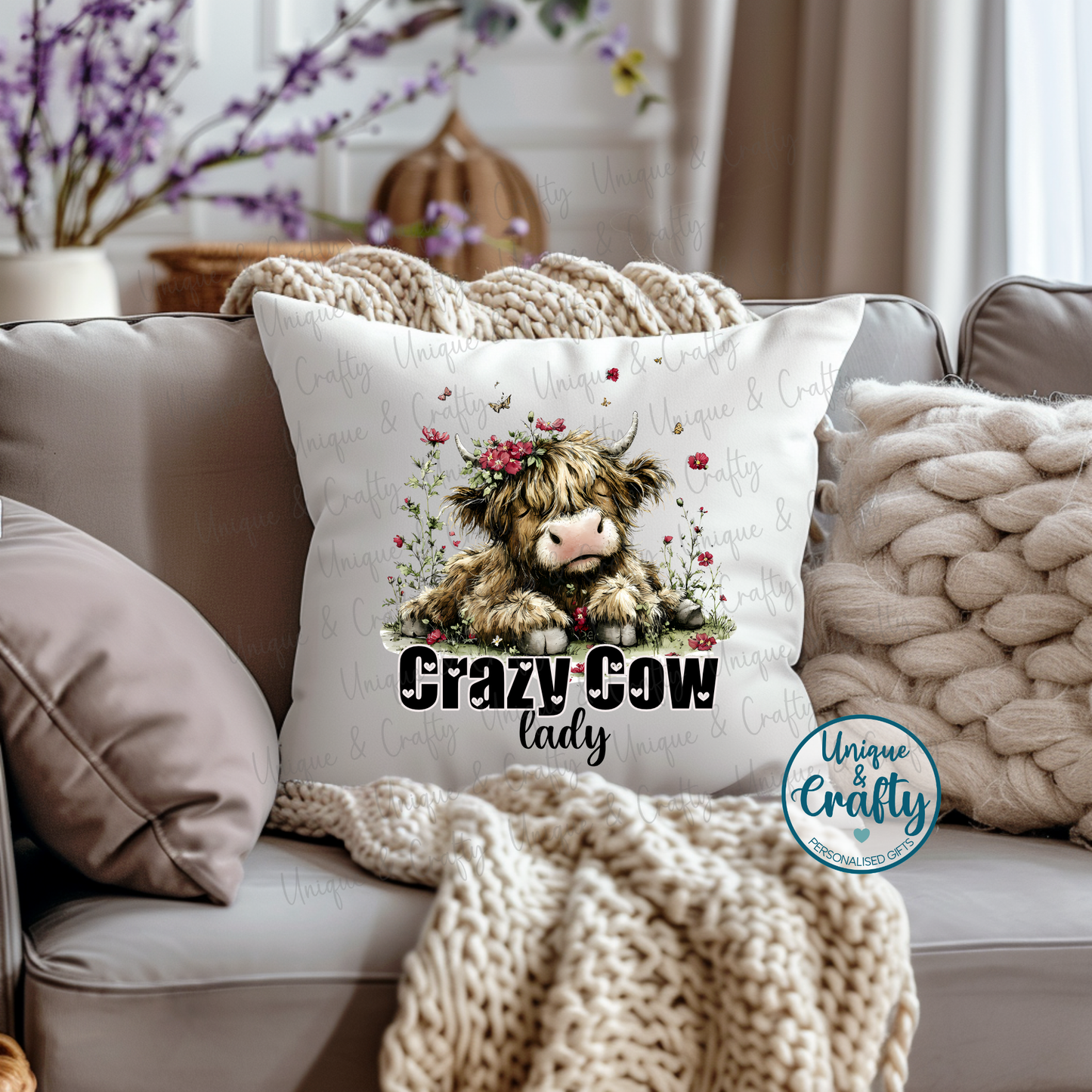 Crazy Cow lady Cushion. Mothers day mum Highland cow