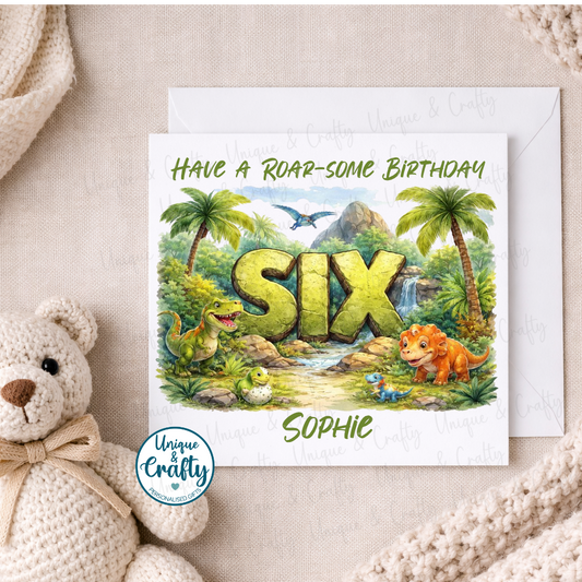 Personalised Dinosaur themed birthday card.. 6x6in card