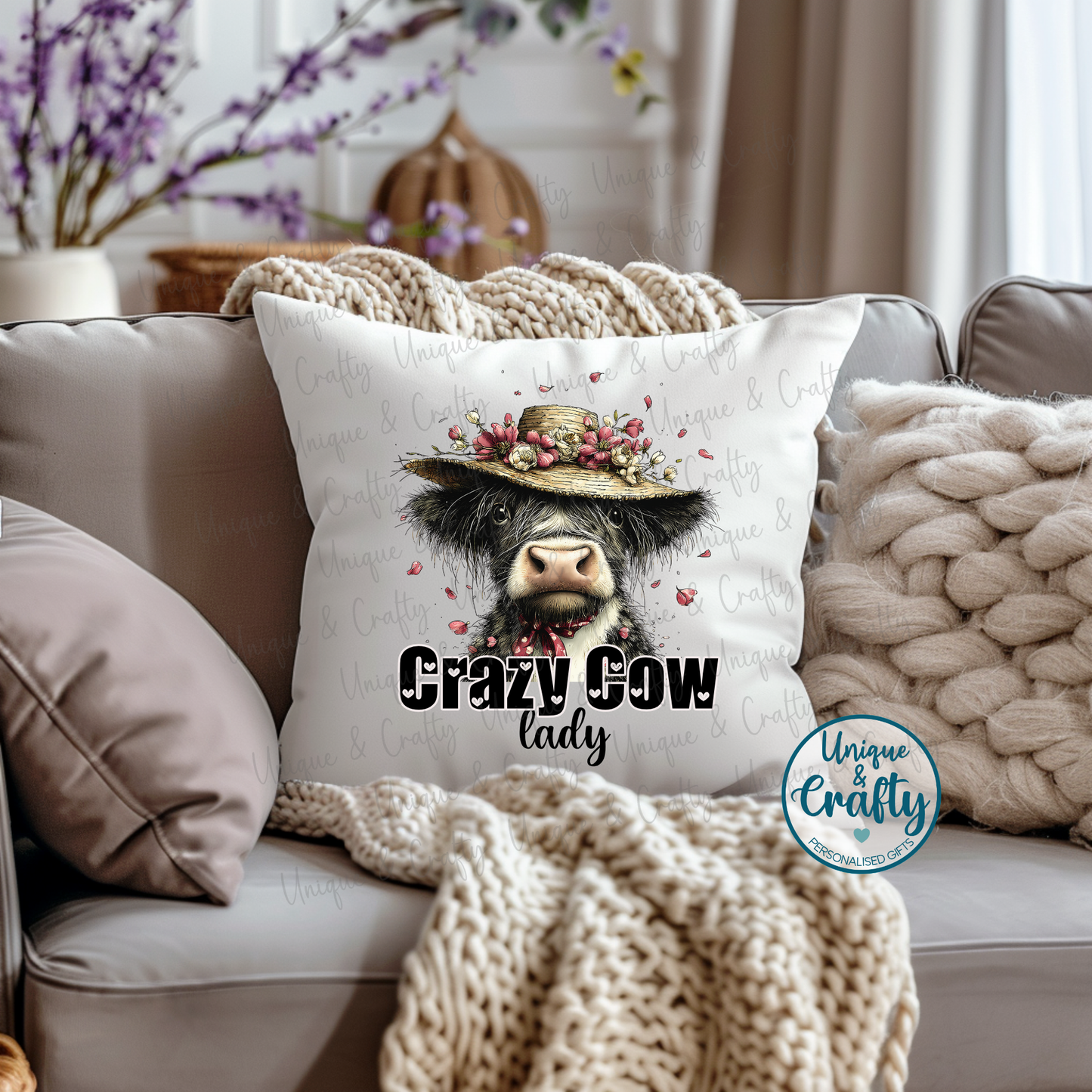 Crazy Cow lady Cushion. Mothers day mum Highland cow