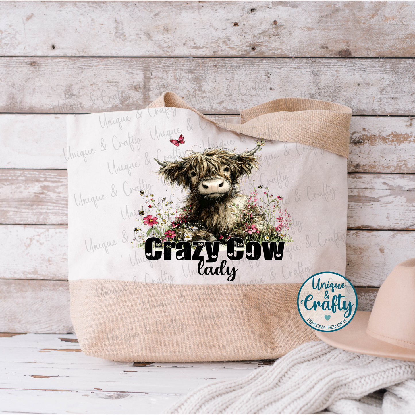 Crazy Cow lady Extra large Jute Bag. Mum teacher beach