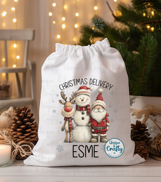 Santa, Snowman and Reindeer.. Christmas Trio Drawstring bag Sack .. Christmas Eve idea, stocking alternative