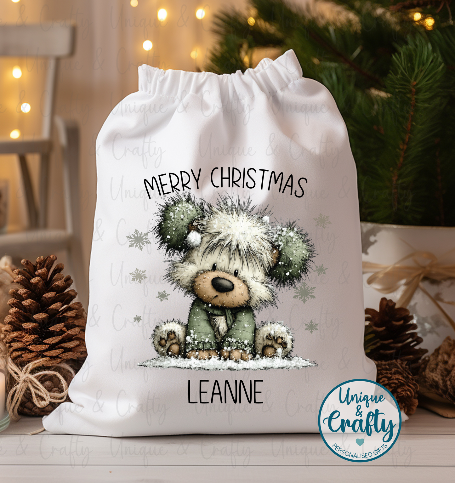 Green whimsical Teddy Sack.. Christmas Drawstring bag Sack .. Christmas Eve idea, stocking alternative