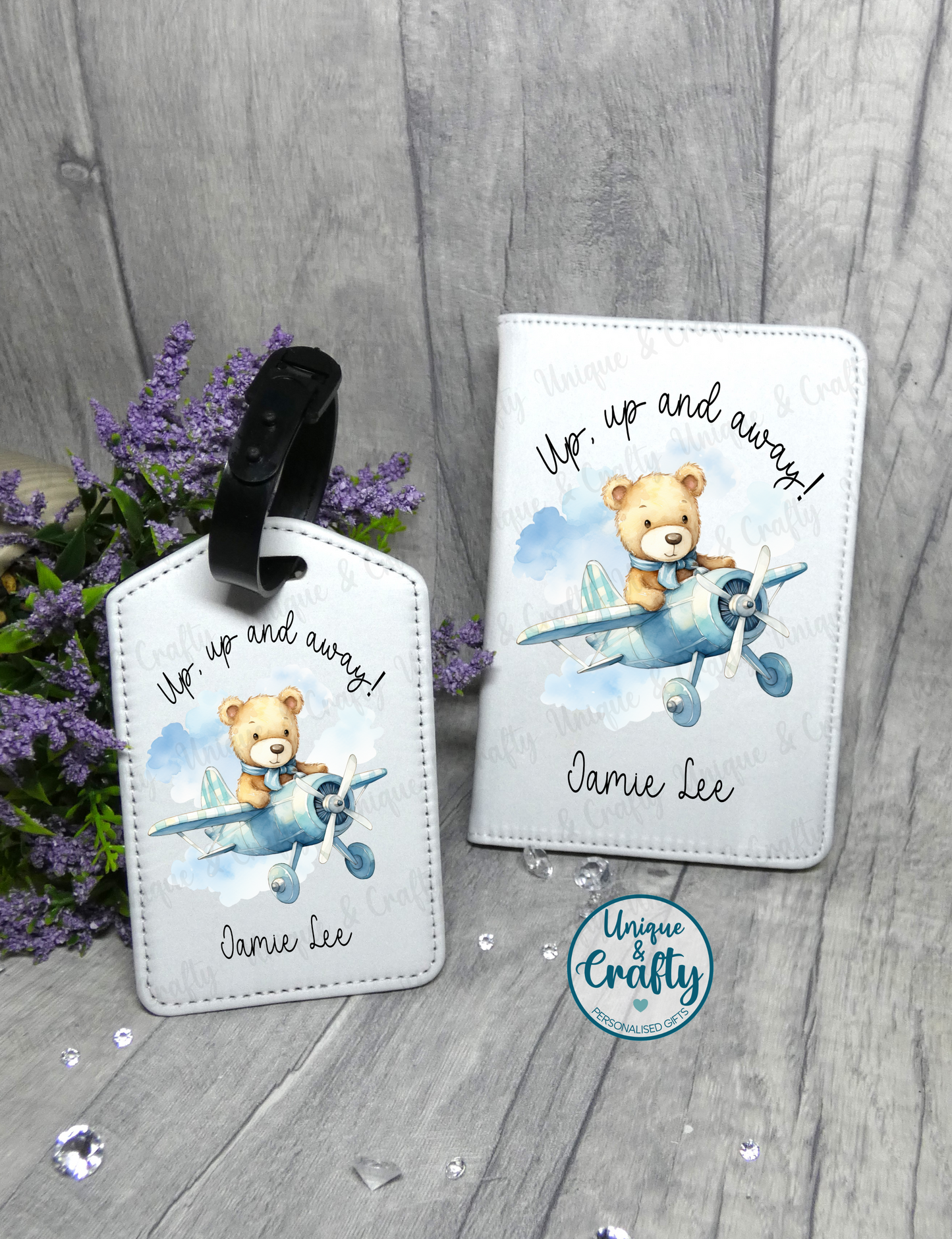 Up, Up and away. Passport Cover and Luggage Tag. First holiday.