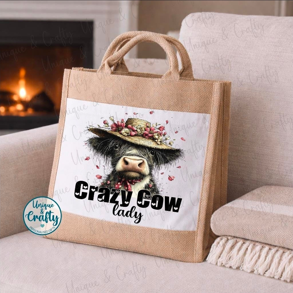 Crazy Cow lady Jute Small.. Mothers day, lunch bag, shopping