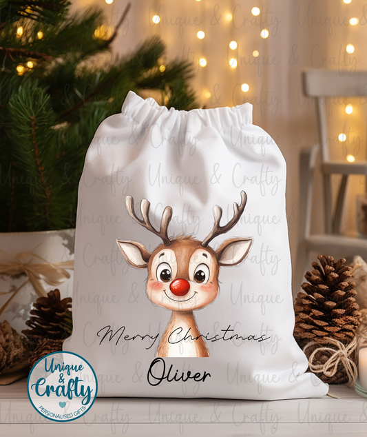 Reindeer Sack.. Christmas Drawstring bag Sack .. Christmas Eve idea, stocking alternative